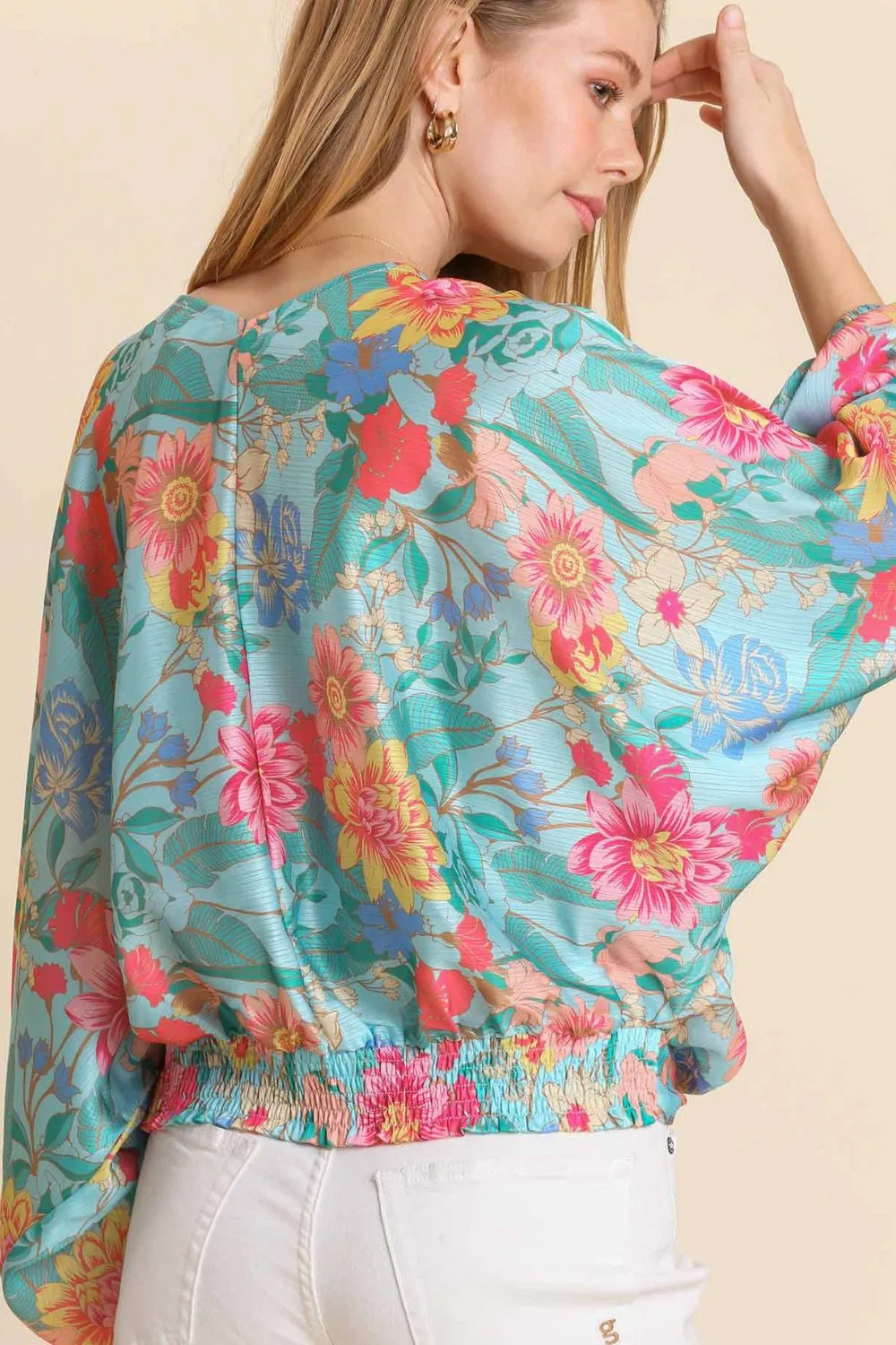Turquoise Floral Print Smocked Hem V-Neck Blouse