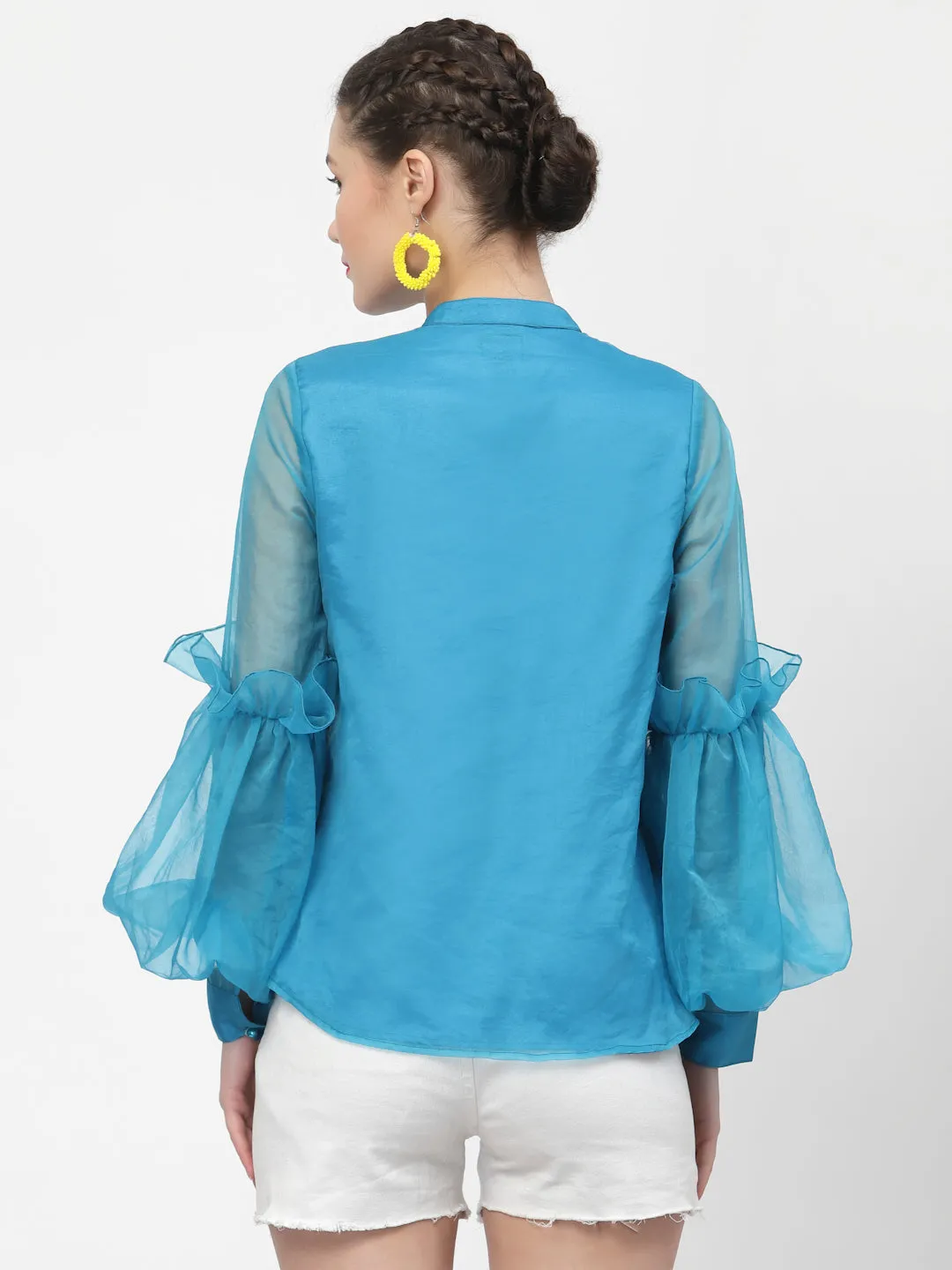 Turquoise Organza Top With Buttons And Laces