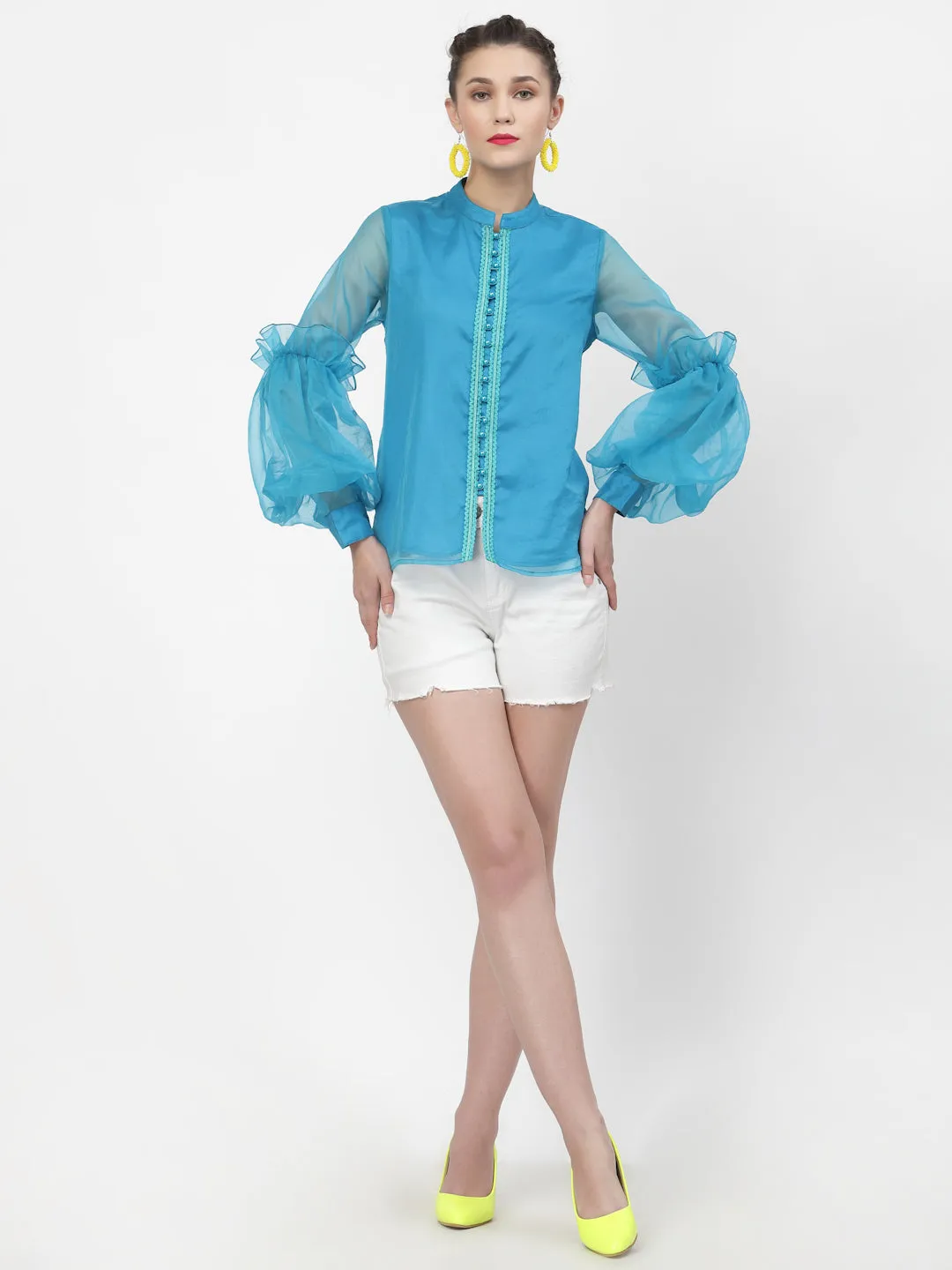 Turquoise Organza Top With Buttons And Laces