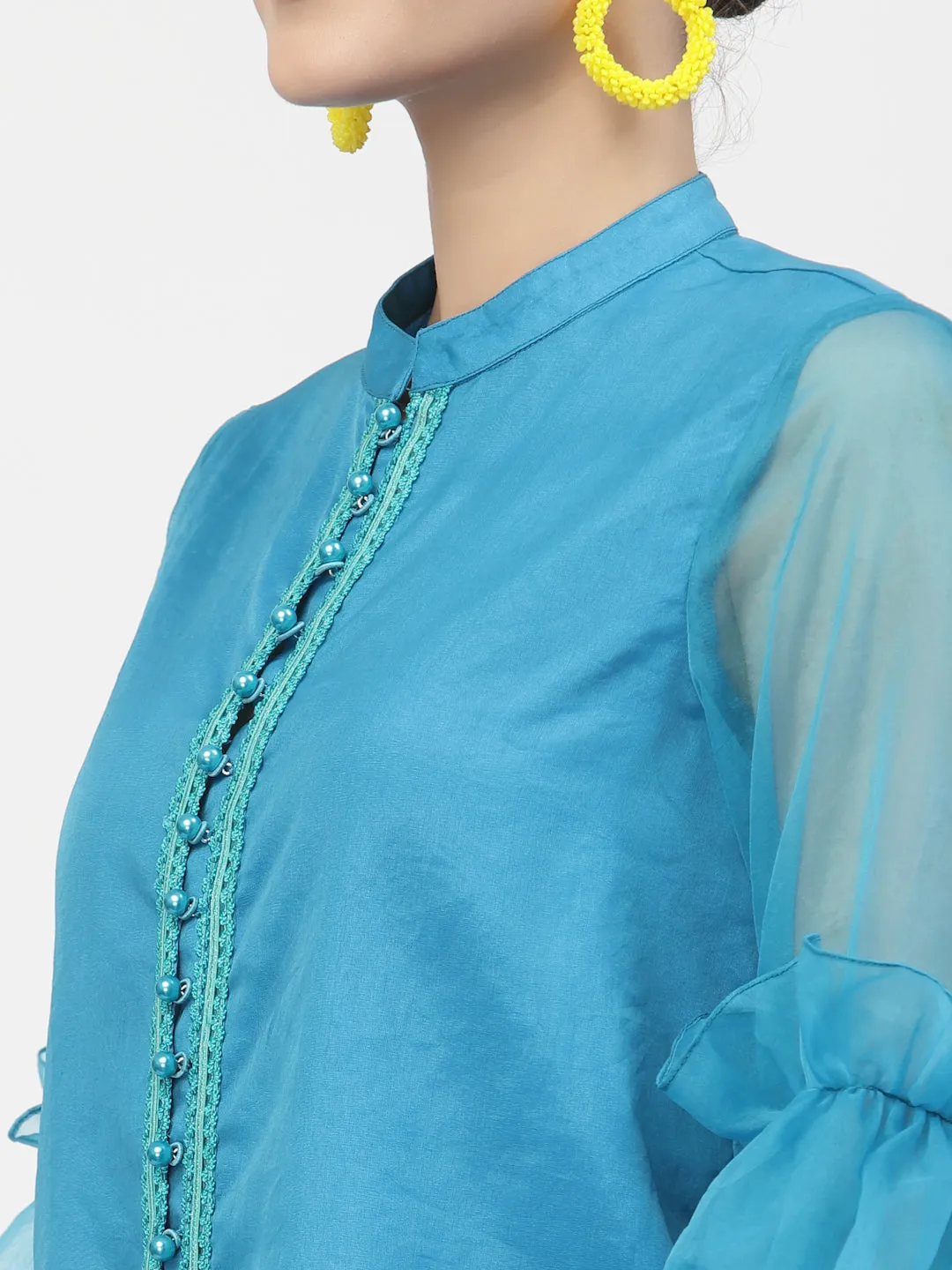 Turquoise Organza Top With Buttons And Laces