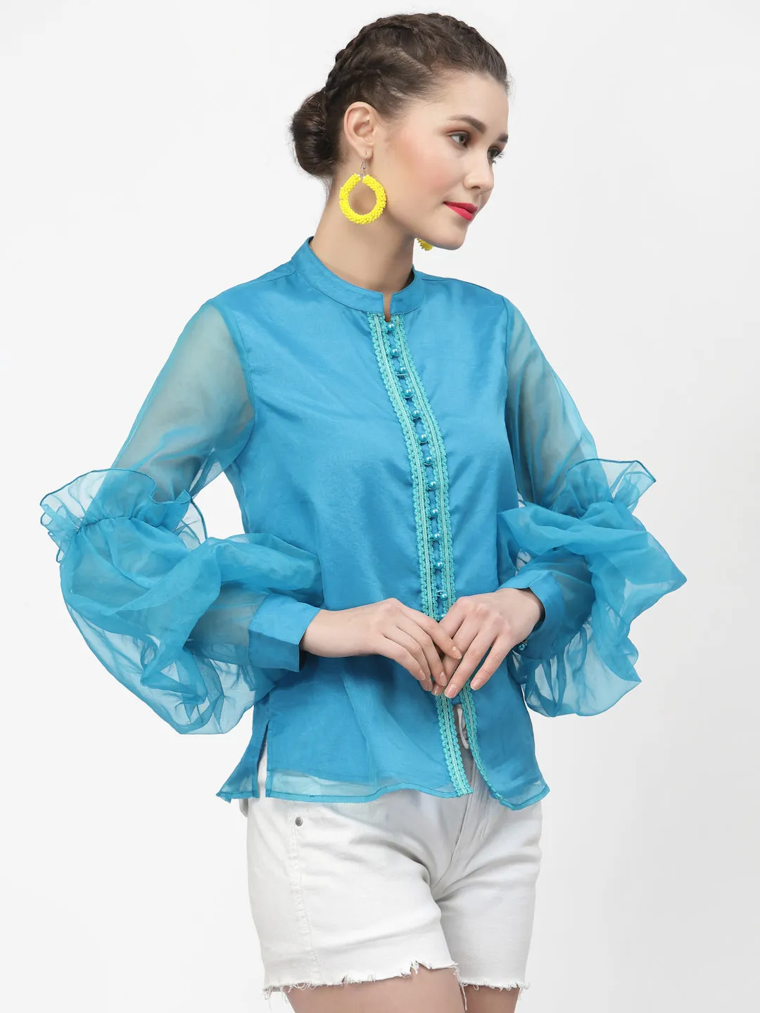 Turquoise Organza Top With Buttons And Laces