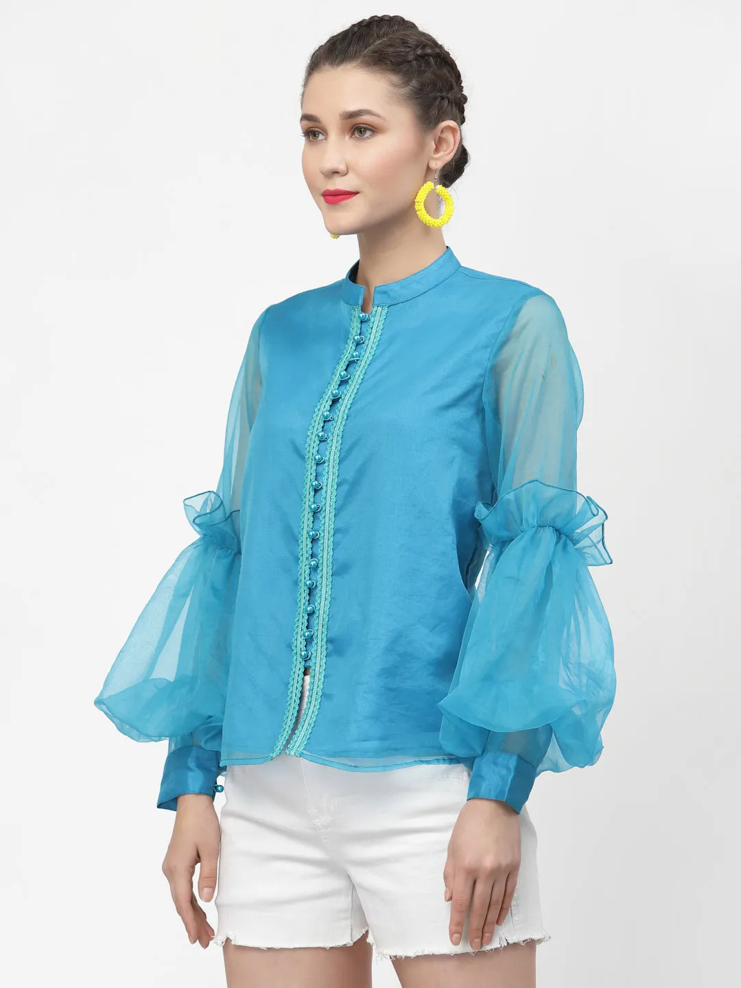 Turquoise Organza Top With Buttons And Laces