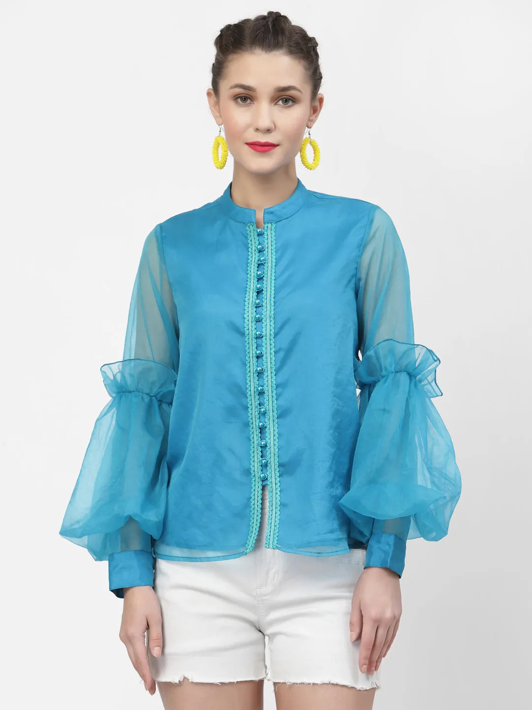 Turquoise Organza Top With Buttons And Laces
