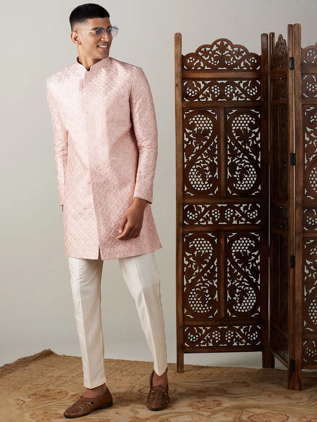 VASTRAMAY Men's Peach Sequined Indo Western Sherwani